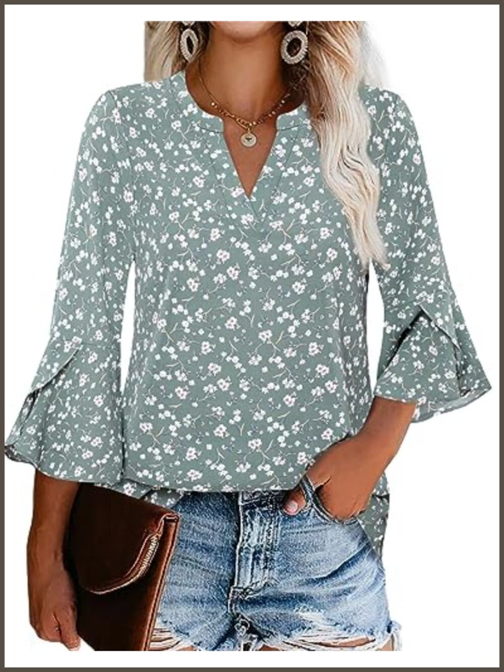 Women's Chiffon Ruffle 3/4 Sleeve V-Neck Blouse Work Top Floral Loose Fit